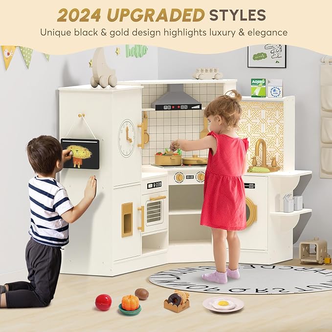 BIERUM Coner Wooden Play Kitchen with Real Lights & Sounds, Trendy Home Style Kitchen Playset, Toy Kitchen with 28 Pcs Toy Food & Cookware Accessories, Gift for Boys & Girls Ages 3+