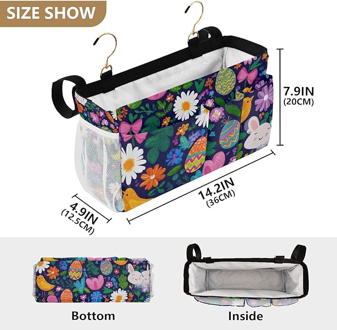 Easter Daisy Rabbit Birds Eggs Bedside Caddy for Dorm Bed Bedside Hanging Caddy Bag Iron Frame Storage Organizer Pocket for Bunk Home College Hospital Beds 2 Hooks