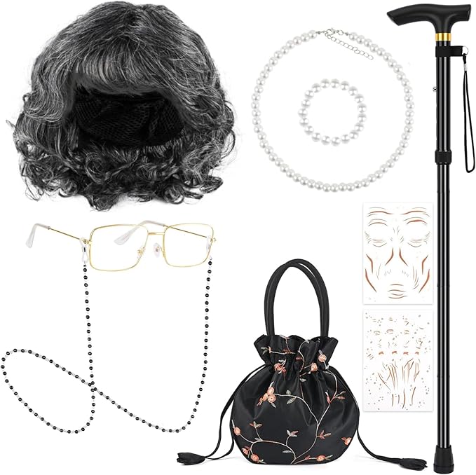 9 PCS 100 Days of School Old Lady Wig Set Include Wig Glasses Necklace Bracelet Glasses Chain Bag Cane and Stickers