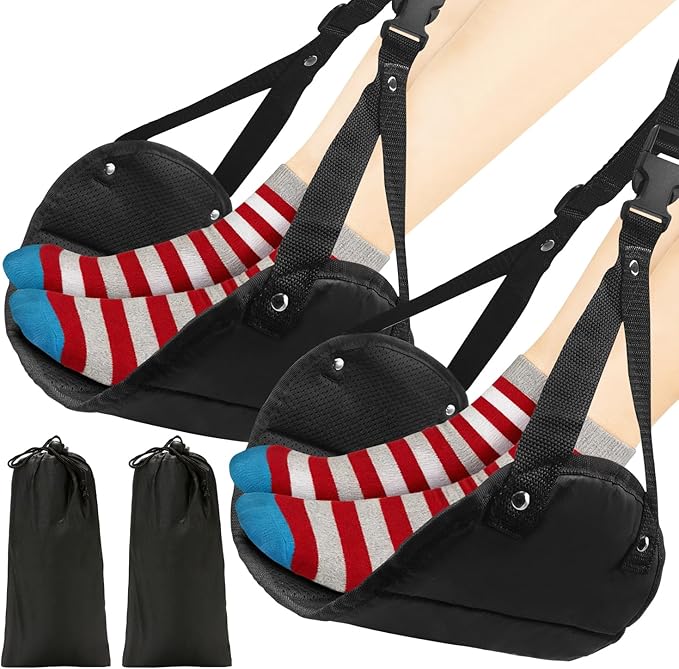 2-Pack Airplane Foot Hammock, Adjustable Plane Foot Rest for Long Flight, Plane Travel Essentials to Relax Your Feet, Foot Rest for Air Travel, Desk & Car