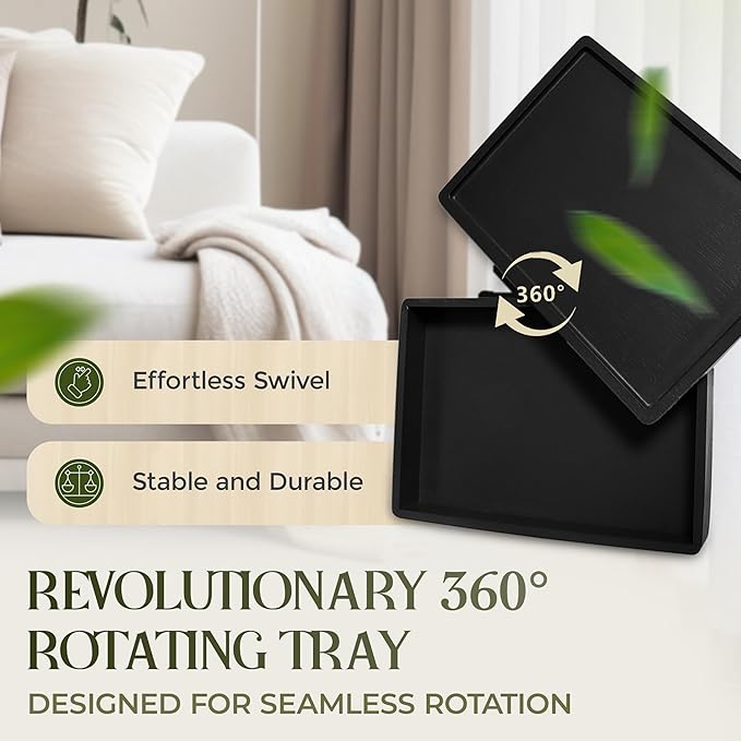 Bamboo Couch Arm Table, Sofa Arm Tray, 360 Rotating Table, Clip On Side Table for Couch, Perfect Size for Remotes, Storage and Includes 4 Bonus Coasters, 13x9.25x2.5in, Black