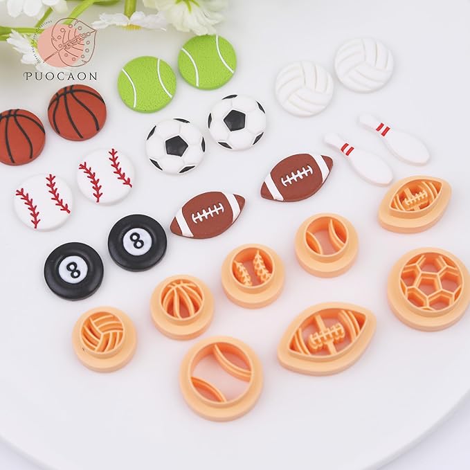 Puocaon Sports Polymer Clay Cutters - 16 Pcs Clay Cutters for Polymer Clay Jewelry Making, Football Baseball Clay Cutters, Clay Jewelry Cutters Basketball Tennis Volleyball Clay Cutters Earrings