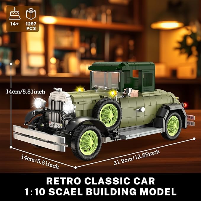 NUTCRACKER Retro Car Model Building Set for Adult, Vintage Classic Car Toy Building Set, Vintage Vehicle with Car Light Home Desktop Display Model, Birthday for Men Teens（1297Pieces
