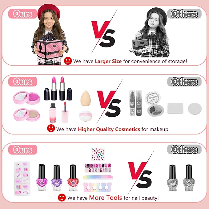Hollyhi 59Pcs Kids Makeup Kit for Girl, Washable Play Makeup Toys Set for Dress Up, Beauty Vanity Set with Cosmetic Case Birthday Toys for Girls 3 4 5 6 7 8 9 10 11 12 Year Old Kids Toddlers ( Pink )