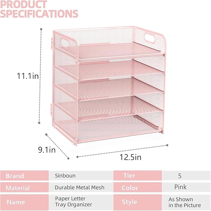 Sinboun Letter Tray Paper Organizer 5-Tier Desk Organizer File Organizer Paper Holder with Handle, Metal Desktop Document Shelf Tray Office Classroom Organization - Pink, PK5CENGTISHOU