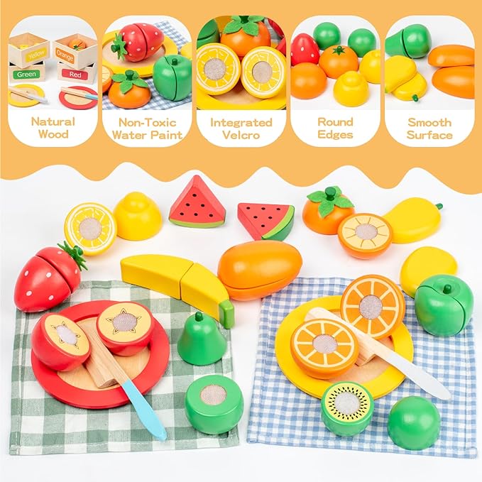 JOCY Wooden Play Food Set for Kids Kitchen – 24 Pcs Montessori Cutting & Sorting Fruits with 4 Boxes, Pretend Play Toys for Toddlers 3+, Educational Gift for Kids
