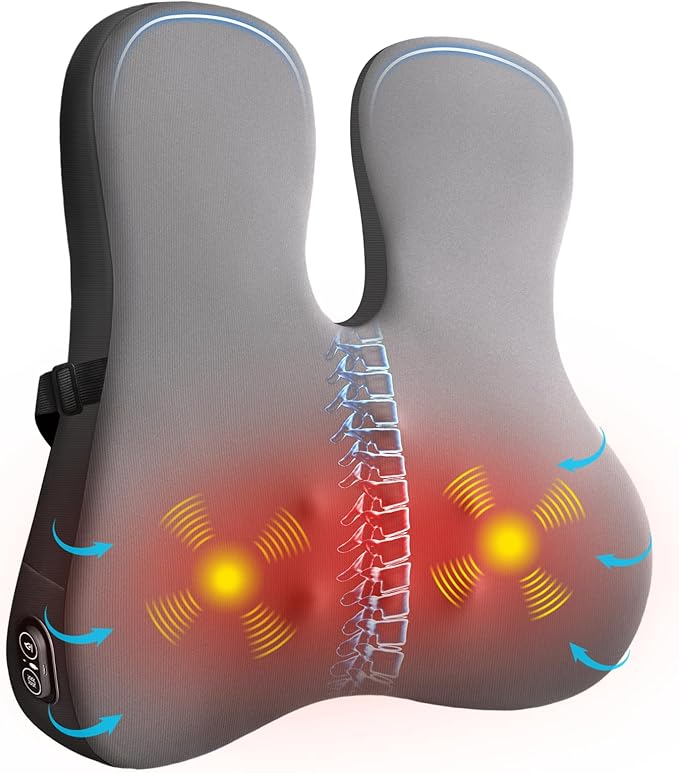 Lumbar Support Pillow for Office Chair,Heated Back Support Pillow with Vibration, Ergonomic Back Massage Pillow for Pain Relief, Memory Foam Lumbar Pillow for Car,Desk Chair,Gifts for Mom Dad