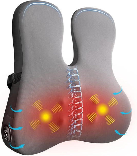 Lumbar Support Pillow for Office Chair,Heated Back Support Pillow with Vibration, Ergonomic Back Massage Pillow for Pain Relief, Memory Foam Lumbar Pillow for Car,Desk Chair,Gifts for Mom Dad