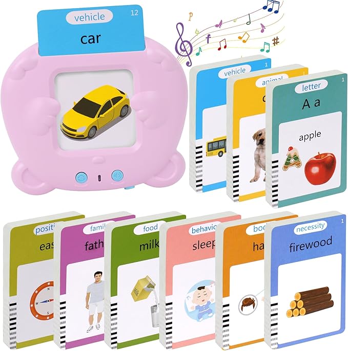 Toddler Talking Flash Cards with 255 Cards and 510 Words, Montessori Toys, Speech Therapy, Autism Sensory Toys, Learning Educational Gifts with Music for 3 4 5 6 Year Old Boys and Girls(Pink)