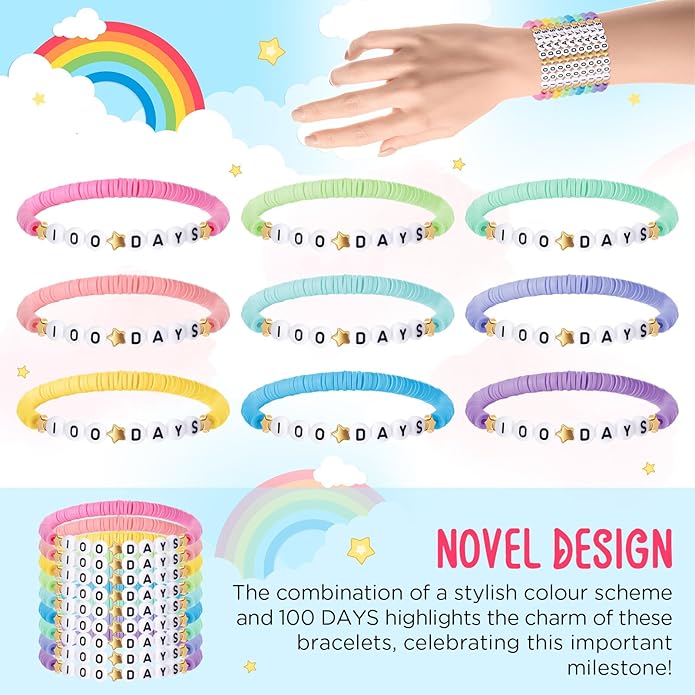 36 Pcs Happy 100th Day of School Bracelets Colorful Friendship Beads Bracelet for Boy Girl Kids Cute 100th Day Gifts Stretchy Acrylic Clay for School Supply Decor Student Rewards