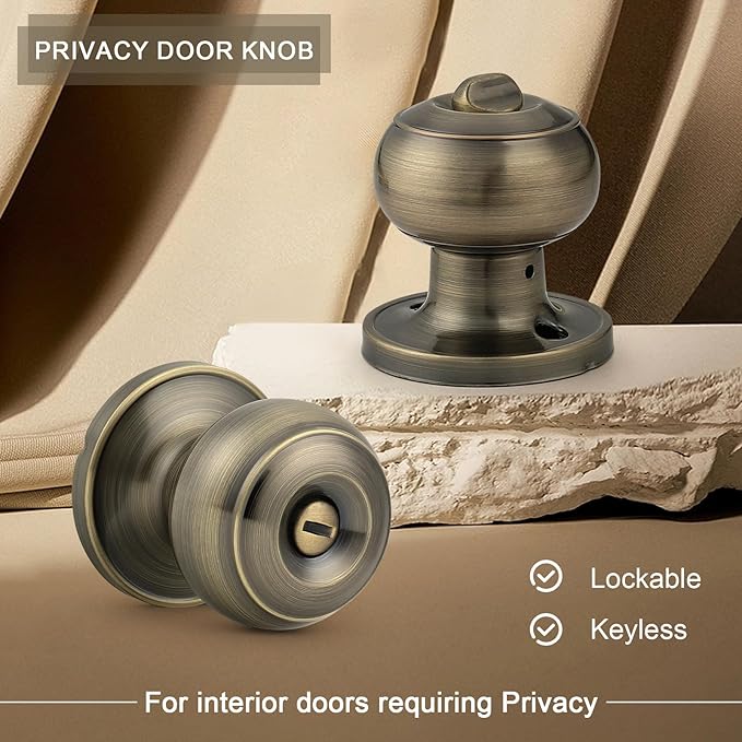 Probrico 1 Pack Privacy Door Knobs Lock Interior Bedroom Bathroom Doorknobs Antique Brass Round Ball Keyless Lockset