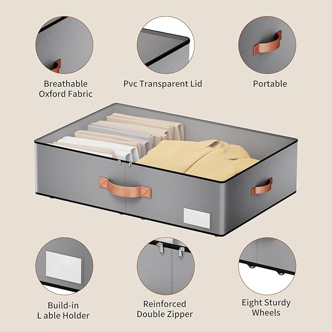 Under bed Storage With Wheels,Large Capacity 7.5 inches Height Storage Bins,Rolling Under bed Shoe Storage Containers,Under bed Storage Drawers for clothes & blankets