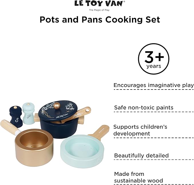Le Toy Van - Educational Wooden Pretend Kitchen Honeybake Pots and Pans Cooking Set Play Toy | Kids Role Play Toy Kitchen Accessories (TV301)