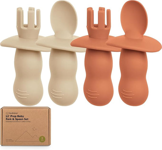 KeaBabies 4-Pack Silicone Baby Spoons and Forks Set - Baby Spoon Self Feeding, BLW Baby Utensils 6-12 Months, Baby Led Weaning Feeding Spoon,Teething Infant Baby First Food Training Spoon (Terracotta)