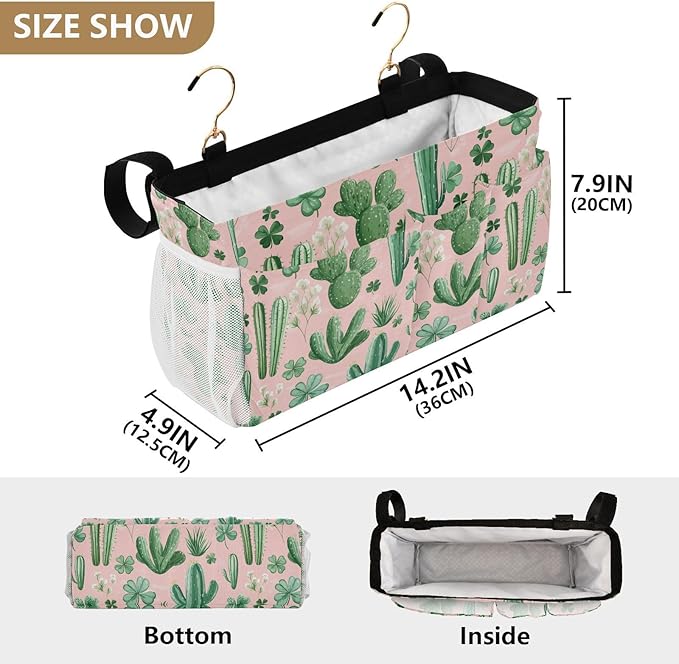 Floral Pink Cacti and Clovers Bedside Caddy for Dorm Bed Bedside Hanging Caddy Bag Iron Frame Storage Organizer Pocket for Bunk Home College Hospital Beds 2 Hooks