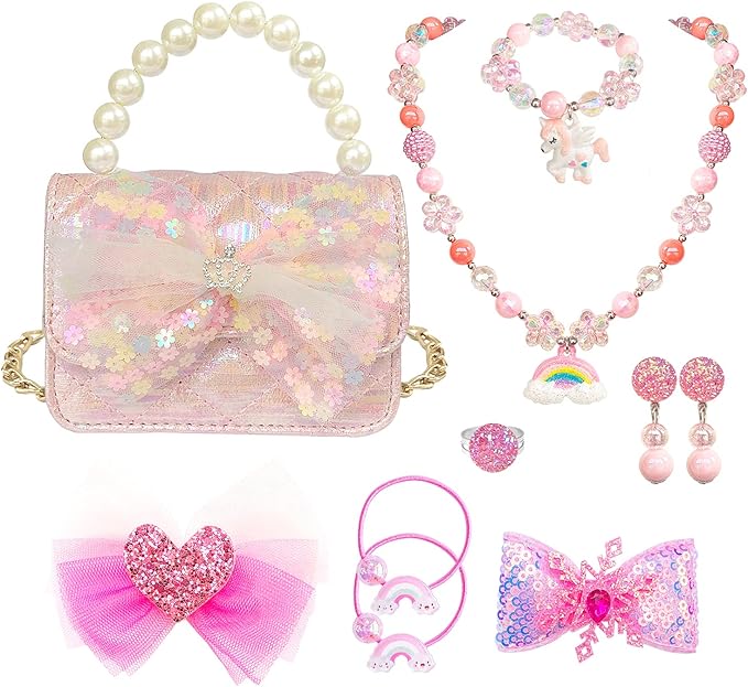 Girl Handbag Purse for Little Girls Kids Pretend Play Dress Up Necklace Hair Accessories Jewelry Set, Light Pink