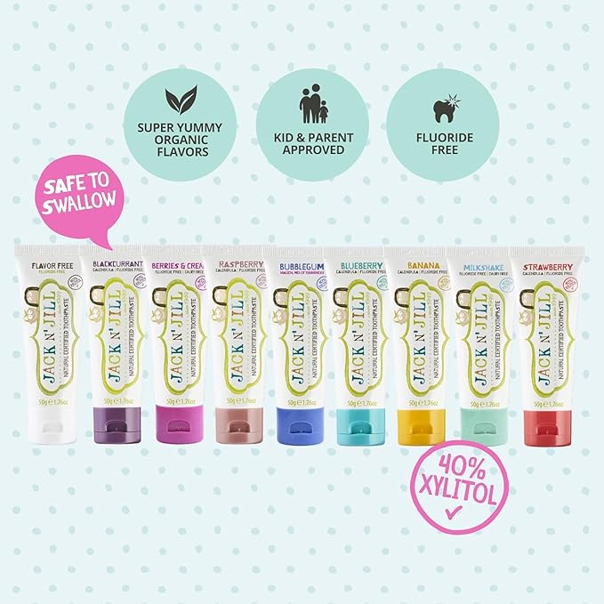 Jack N' Jill Natural Toddler Toothpaste for Baby, Kids and Infants 6 Months & Up, Fluoride Free Training Toothpaste for Toddlers 1-3 (1.76 Fl Oz (Pack of 4), Blueberry & Strawberry)