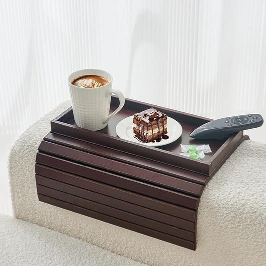 Bamboo Sofa Arm Tray, Anti Falling Couch Arm Tray Table, Foldable Couch Armrest Table, Portable Sofa Armrest Trays Cup Holder for Drink, Cups, Phone, Snacks, Remote