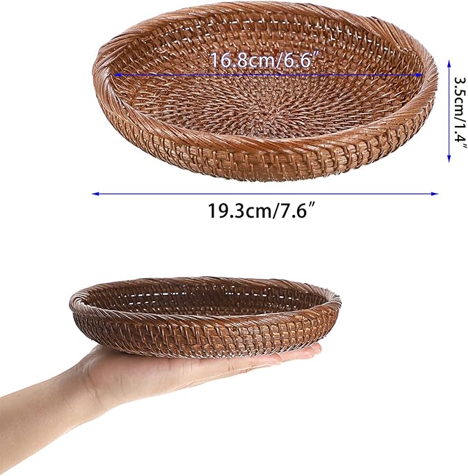 Hipiwe Small Key Basket Bowl for Entryway 7.6" Round Woven Wicker Basket Fruit Serving Tray Woven Basket Wall Decor Rattan Organizer Basket for Keys Wallet Cell Phone, Brown