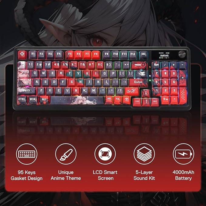 Redragon K719 PRO Wireless Gasket Gaming Keyboard w/Hype Screen & Knob, 95 Keys Mechanical Keyboard, Easy-Control 1.14’’ TFT Info Display, 5-Layer Noise Dampening, Custom Linear Switch, Anime Edition