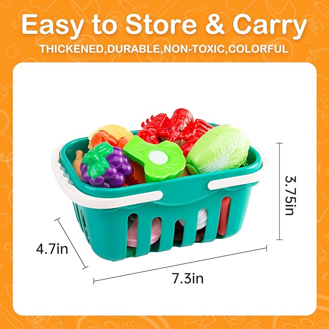 150Pcs Kitchen Playset, Toddlers Pretend Cooking Cookware Accessories, Food, Picnic Blanket, Fruits, Veges, 2Pack Shopping Storage Basket, Dessert and Prop Money, Gift for Kids (White)