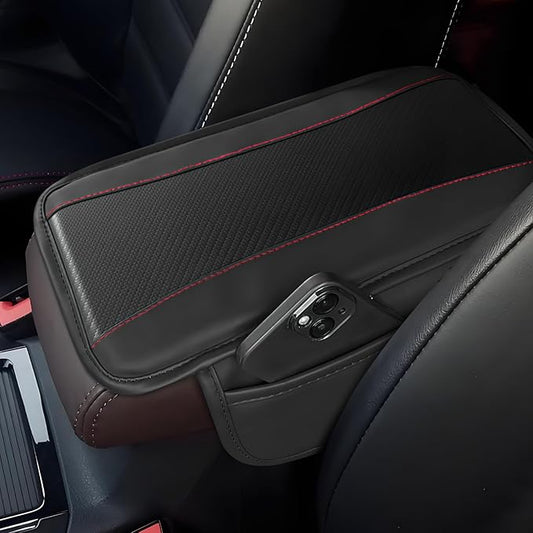 Hbxdeco Car Center Console Cover, 12.48"×7.4" Carbon Fiber Leather Auto Armrest Cover, Vehicle Armrest Cushion Pad with Storage Pocket, Universal Arm Rest Protector Car Accessories (Black)