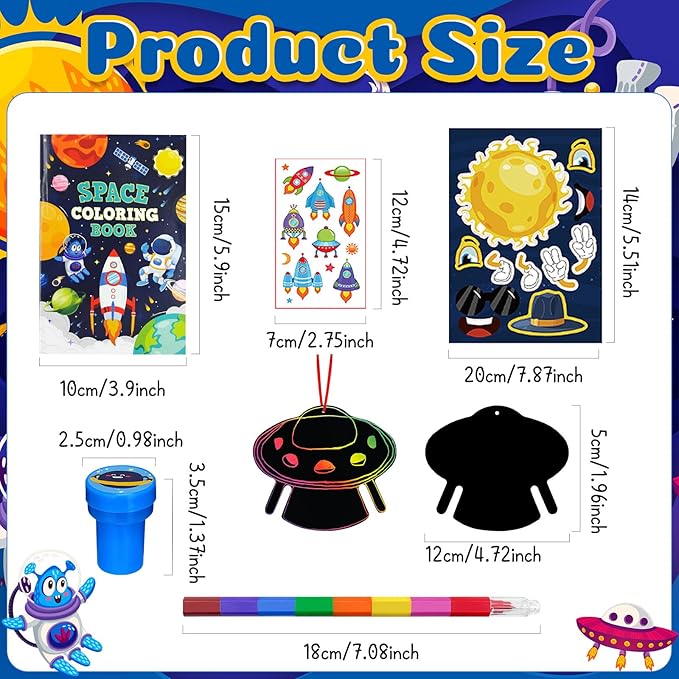 72 Pcs Outer Space Coloring Book with Crayons Party Favors,Space Astronaut Party Goodie Bags Fillers,Galaxy Planet Birthday Party Games Craft DIY Kit Magic Scratch Art Paper Tattoo for Rocket Pinatas