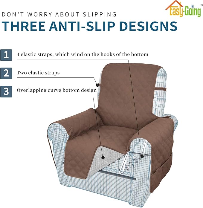 Easy-Going Sofa Slipcover Waterproof Recliner Chair Cover Non-Slip Fabric Couch Cover for Living Room Washable Furniture Protector for Pets Kids Children Dog Cat (Recliner, Brown)