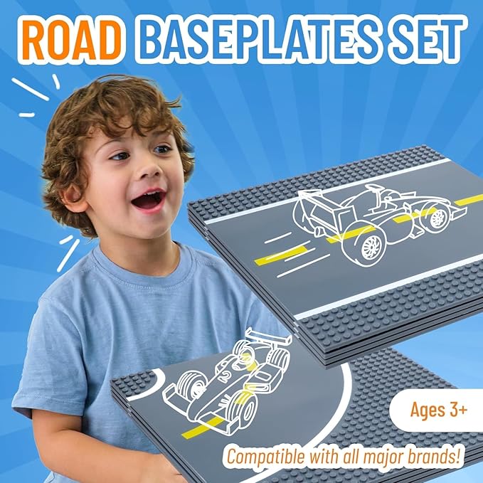 Strictly Briks Compatible with Lego Building Blocks Road Plates 10" x 10", 8 Pack Kids Brick Baseplates for City Road, Street, Race Track, Towns, Classic Size (4 Straight & 4 Curved)