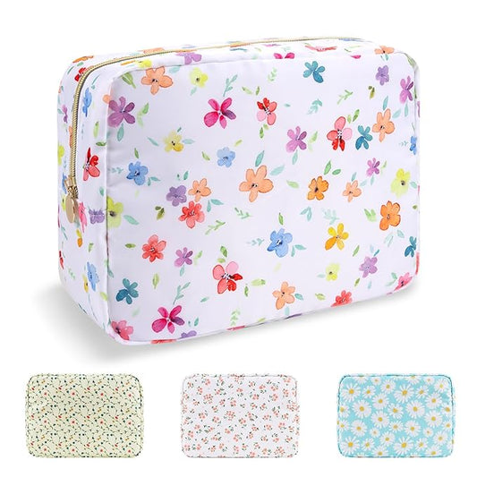 UIXIZQ Waterproof Large Floral Makeup Pouch,Nylon Travel Toiletry Storage Purse Preppy Cosmetic Bag for Women Girl,Large Capacity Makeup Organizer Zipper Pouch for Work(L Colorful-Flowers)