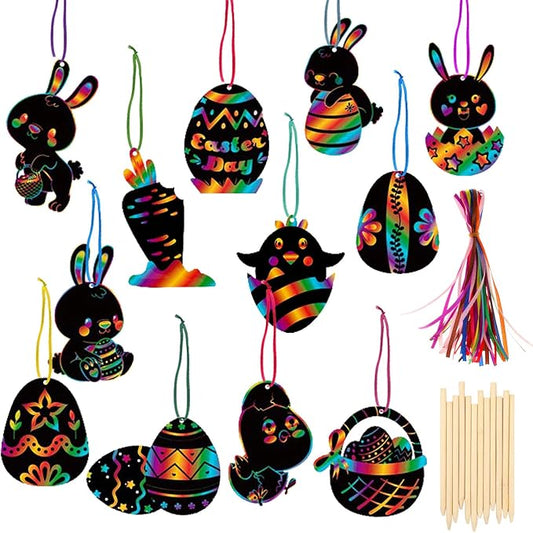 HOWAF 36pcs Easter Scratch Art for Kids Crafts Gift, Easter Egg Rainbow Scratch Art Paper for Kids Easter Drawing DIY Tags Decoration Easter Party Bag Fillers, Easter Egg Bunny Chick Carrot Basket