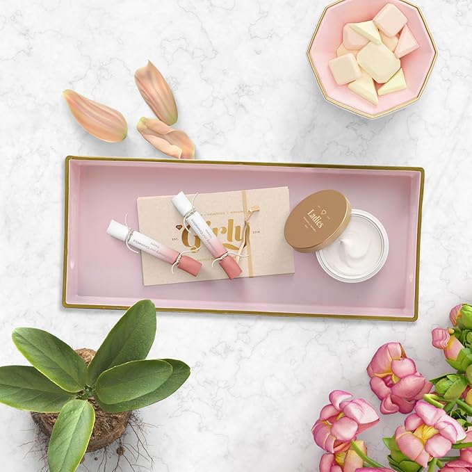 Leemxiiny Pink Vanity Tray with Handles, Decorative Tray Desktop Storage Organizer for Bathroom, Living Room, 5.9"*13.7"