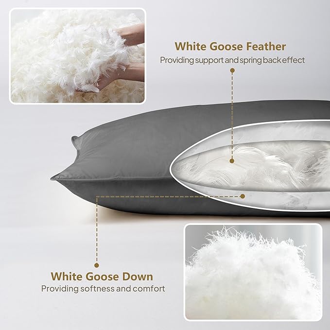 Goose Down Body Pillow for Side Sleeper, Large Body Pillows for Adults, Hugging Feather Body Pillow Insert, Cooling Full Length Long Pillow for Bed with 100% Organic Cotton Shell, (Dark Grey 20"x72")