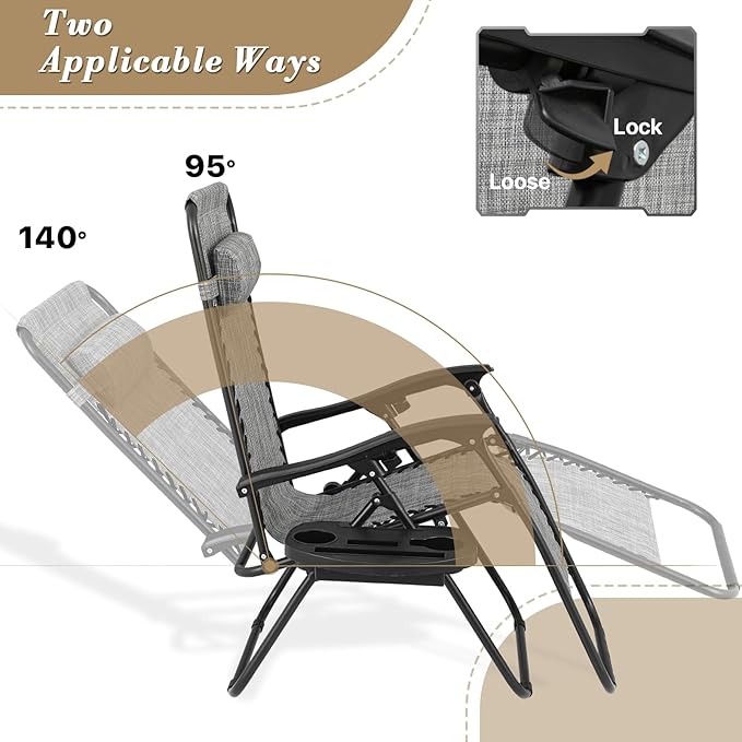 Athena Collection Zero Gravity Outdoor Lounge Chair Set of 2 with Cup Holder, 25" Width Pool Lounge Lawn Chairs Reclining, Outdoor Chaise for Beach Patio Backyard Outside, Dark Grey