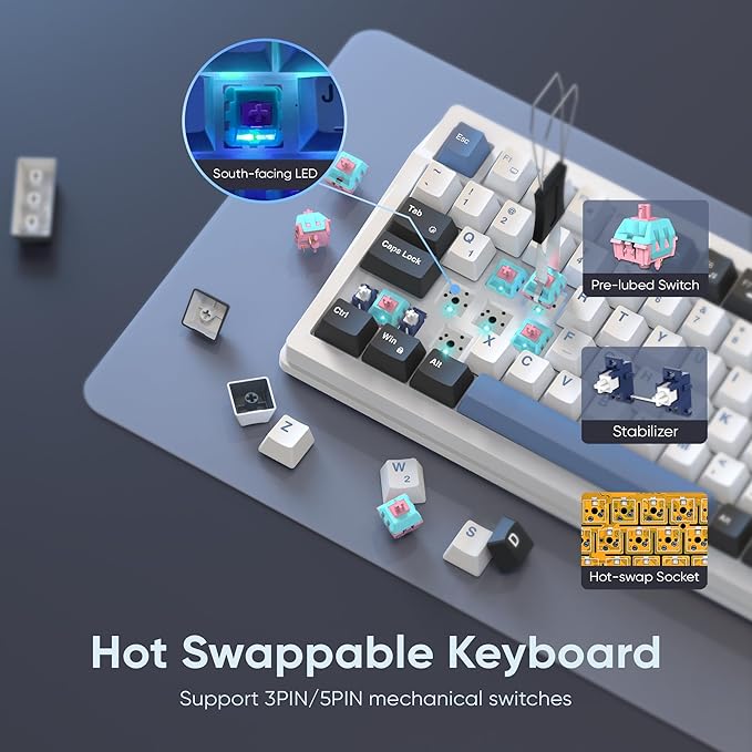 RedThunder K95 Wireless Mechanical Keyboard, TFT Screen & Knob, Tri-Mode BT5.0/2.4GHz/USB-C Hot Swappable Custom, Pre-lubed Linear Switches, Gasket Structure, RGB Gaming Keyboard, Snowy White-Blue