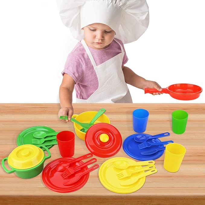 Flormoon Play Dishes Set - 27pcs Durable Pretend Play Cooking Toys - Super Sturdy, BPA Free, Food Safe, Phthalate Free - Kid Dishes Kitchen Toys for Boys and Girls 2+ Years
