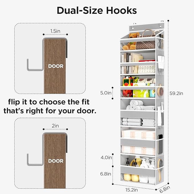 Over The Door Organizer, 6 Shelf Door Organizer Hanging with 6 Large Capacity Pockets, Over The Door Storage Hanging Shelves for Closet Wall Bathroom Closet Bedroom Nursery