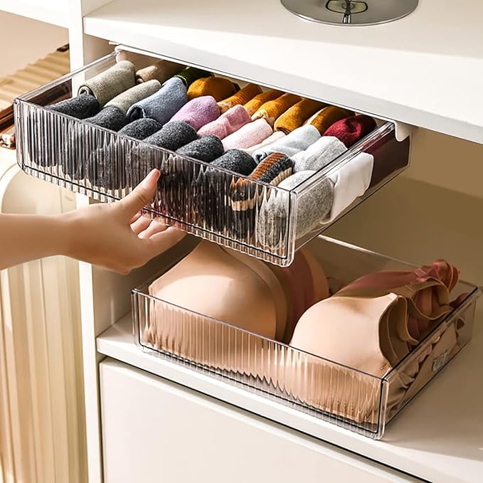 2Pcs Under Desk Storage Drawers Slide Out,Large&Medium,Stick On Drawers,Under Desk Organizer Hidden Under Table Drawer for Home Office School Organization and Storage-Clear White