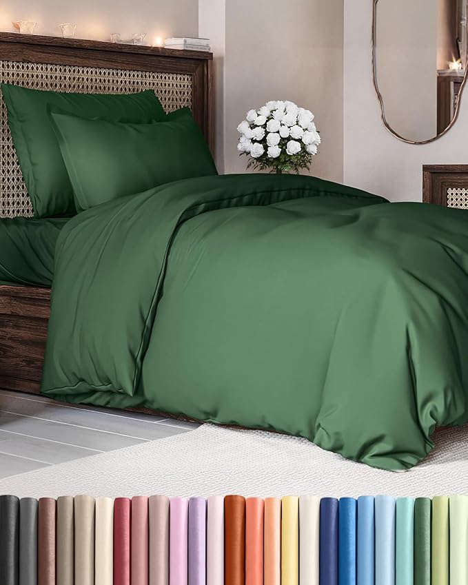 Duvet Cover Twin/Twin XL Size Set - Extra Soft Duvet Cover 68 x 90 with 1 Pillow Sham - Hotel Luxury, Easy Care and Fade Free w/ Zipper Closures & Ties - Comfy, Breathable Bedding Set (Emerald Green)