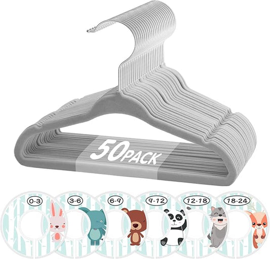 Baby Hangers, VIS'V 11 Inch Gray Velvet Kids Hangers with 6 Pcs Size Dividers Non Slip Nursery Children Closet Clothes Hangers for Infant Toddler Girls and Boys 50 Pcs