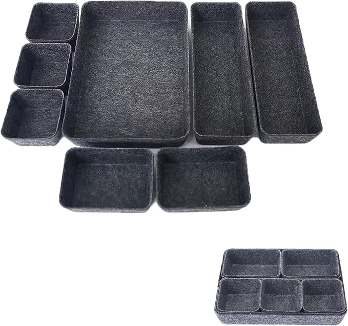Felt Drawer Organizer Set, 8PCS Desk Drawer Storage Bins for Office, Kitchen, Dresser, and Makeup — Soft Fabric Drawer Dividers for Neat Organization (Dark Gray)
