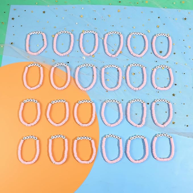 24 Pcs Cheerleader Gifts for Girls Handmade Friendship Bracelets for Teen Girls Stretch Cheer Bracelets Y2k Cheer Stuff Stackable Clay Bead Bracelets Bulk Teens Birthday Christmas Party Favors