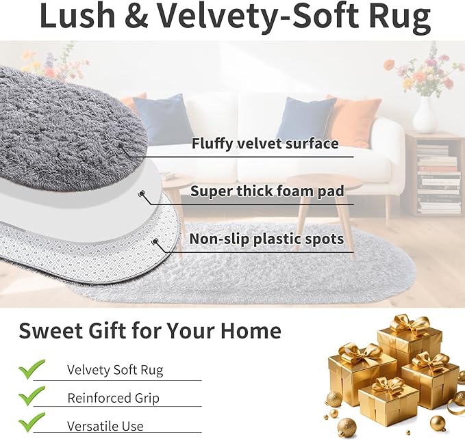 Noahas Fluffy Grey Rugs for Bedroom Living Room,2.6'X5.3' Oval Throw Rug for Kids Room,Shag Hallway Runner Rug,Small Soft Shaggy Bedside Non-Slip Plush Nursery Dorm Carpet Home Decor Aesthetic