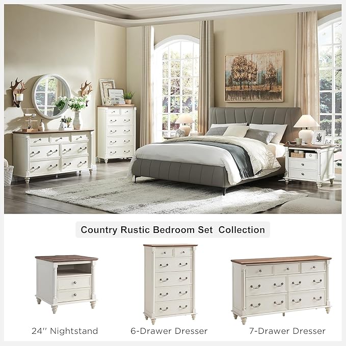 T4TREAM Farmhouse 7 Drawers Dresser Chests for Bedroom with 4 Solid Wood Feet, Tall Wide Wood Country Rustic Chest of Drawers, Storage Dressers for Bedroom, Living Room, Antique White