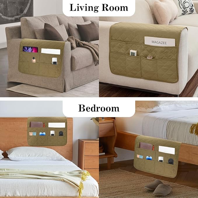 Bedside Caddy for Couch Remote Control Holder Recliner Armrest Organizer Non Slip Sofa Armchair Caddy with 6 Pocket Storage for Magazine, Tablet, Phone, iPad, Camel