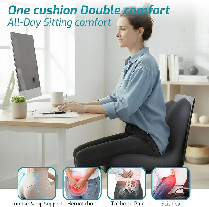 Memory Foam Seat Cushion,Office Chair Cushion with Lumbar Support for Back Pressure Relief,Sciatica,Car Seat Cushion with Adjustable Strap,Hip Pad Cushions for Car,Truck,Desk,(D-Dark Grey)