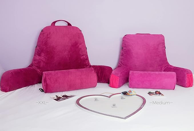 Husband Pillow Medium - Reading Bed Pillow with Arms - Premium Shredded Memory Foam Bed Pillow for Sitting Up - Aspen Edition Sldig Raspberry - Reversible 2 Sided Cover with Plush Microfiber and Suede