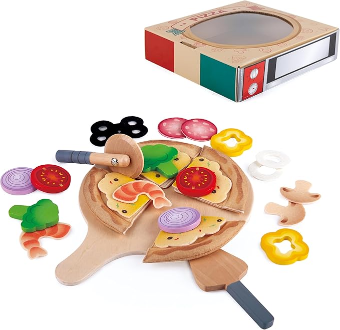 Hape Perfect Pizza Wooden Playset for Kids Kitchen| 2-in-1 Pizza Oven & Delivery Box| 29 PCs Pretend Play for Toddlers Ages 3 Years and Up