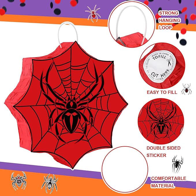 Leyndo 89 Pcs Spider Party Favors for Birthday, Includes Spider Piñata with Blindfold and Stick, 11.8"x11.8", 12 Keychains, 12 Wristbands, 12 Badges, 50 Stickers for Spider Birthday Party Decor