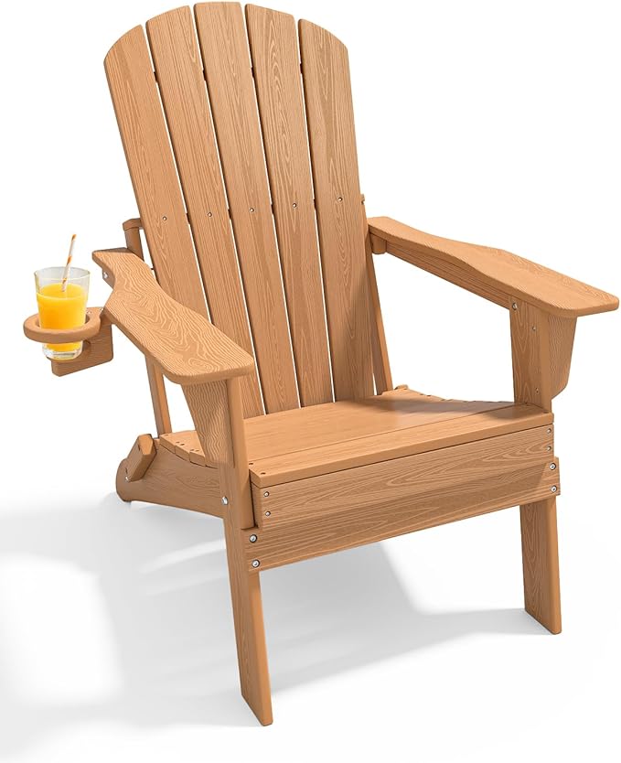 Upgraded Folding Adirondack Chair with All-Weather Cup Holder-EcoVida, Premium Wood Grain Texture, HDPE Waterproof, Suitable for Fire Pit, Patio, Porch, Cedar